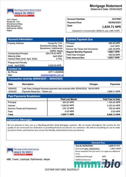 Nepal Machhapuchchhre Bank wyciąg z kredytu hipotecznego szablon Word i PDF